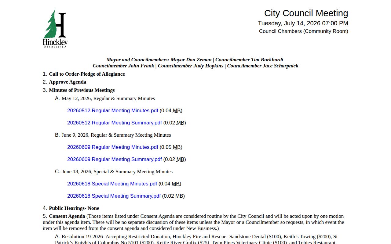 Hinckley council packet showing sheriff zone report context