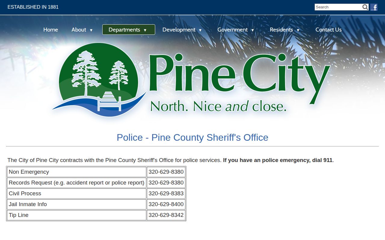 Pine City official police-services page showing county sheriff routing