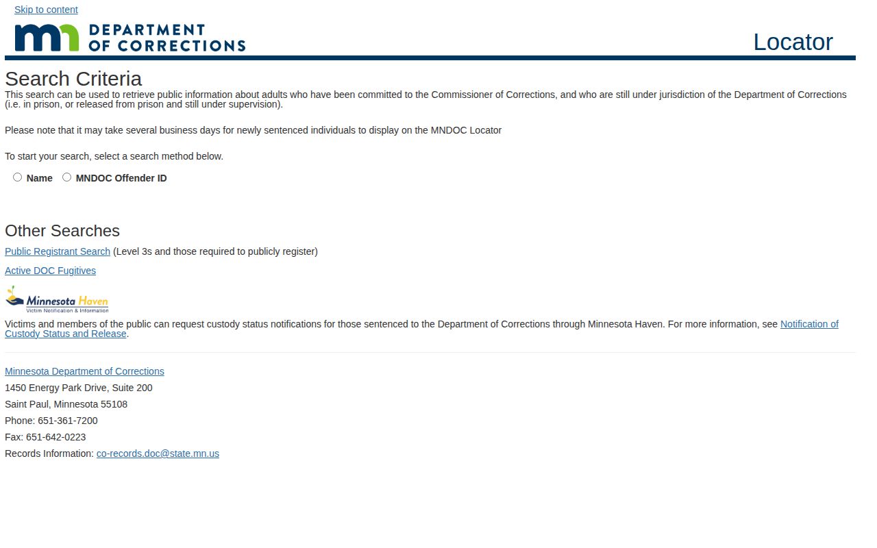 Minnesota DOC public viewer for Pine County custody and offender record search