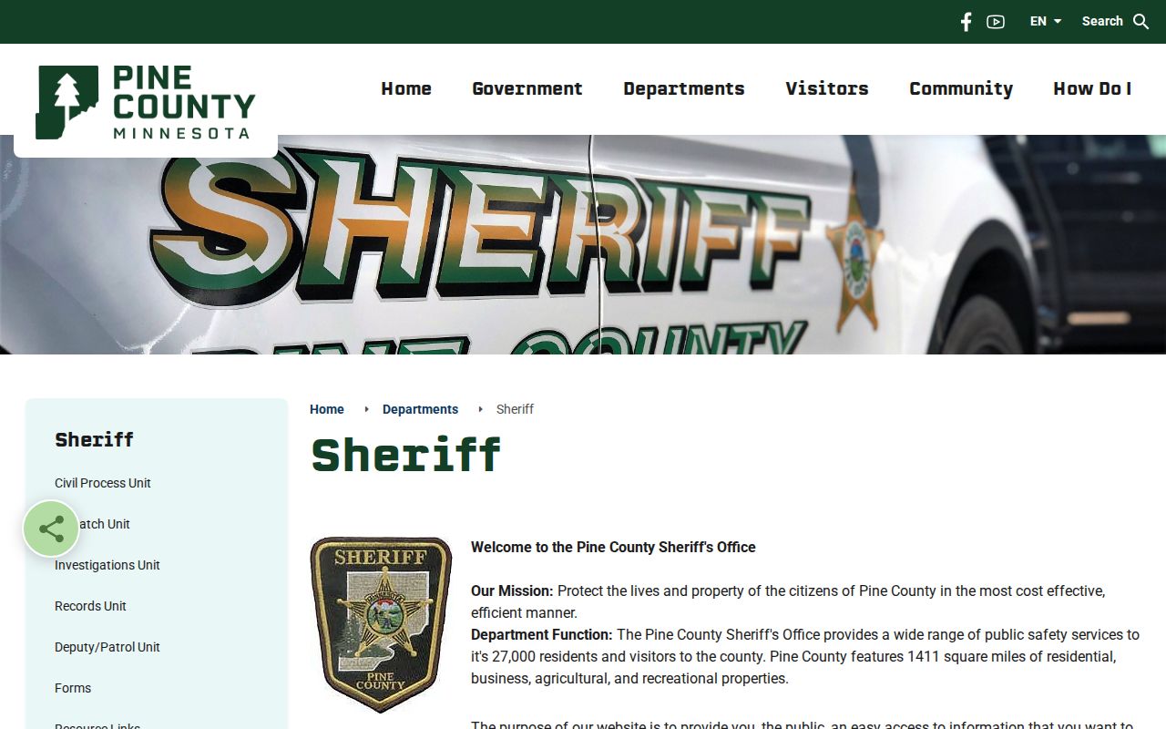 Pine County Sheriff official navigation for jail roster and booking record access