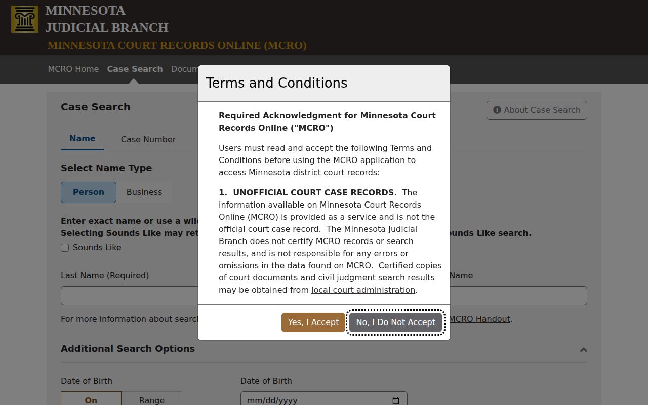 Pine County warrant check through the official Minnesota Court Records Online case search